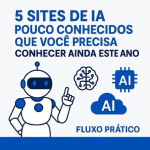 Ilustração digital mostrando cinco sites de IA pouco conhecidos, destacando tecnologia, inovação e ferramentas online para ganhar dinheiro e aumentar produtividade